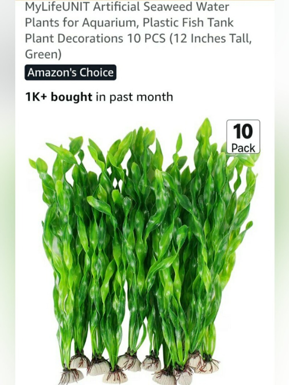 Green Artificial Seaweed Aquarium Plants - 10 Pack